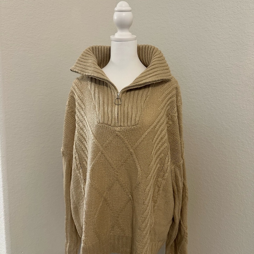 Beige Cable Knit Sweater with Half-Zip